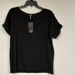 Jones New York Signature Black Cap Cuff  Sleeves Top Blouse, sheer shoulders NWT